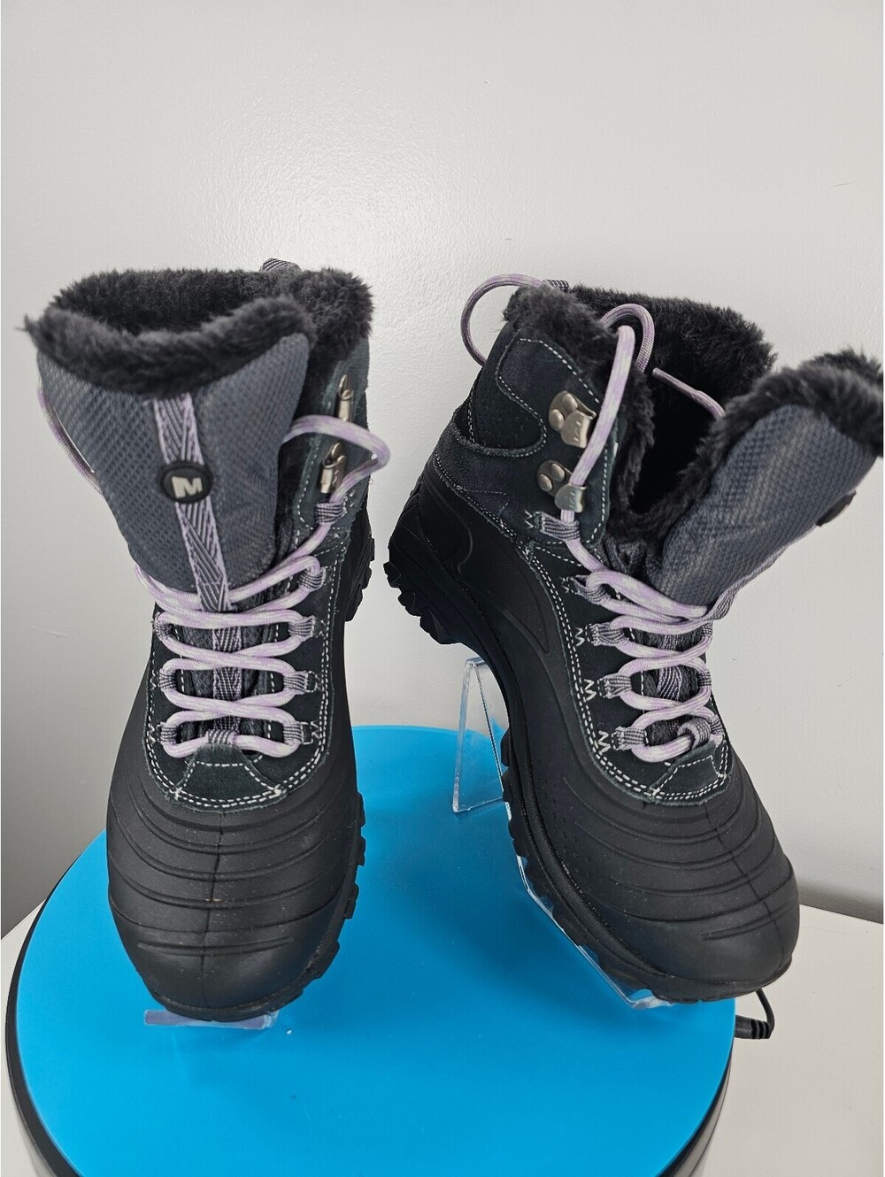 Merrell Women's Winter Waterproof Hiking Boots Black/Gray with Purple Laces